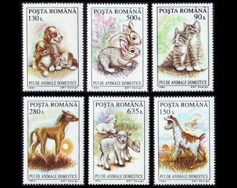 Baby Animals on 1994 Romanian Postage Stamps / Kitten, Lamb, Colt, Puppy, Bunny, Goat / Kids Crafts, Scrapbooking, Birthday Invitations, ATC