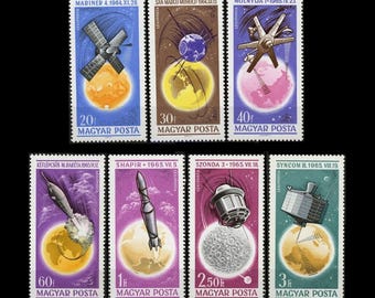 Space Research Postage Stamps 1965 / Vintage Hungarian Ephemera / Worldwide Space Exploration and Achievements / School Project, Mixed Media
