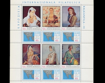 Pliego de sellos postales de Rumania en conmemoración de la Exposición Filatélica Internacional de los Balcanes de 1971 / Balkanfila Bucarest / Famosos retratos