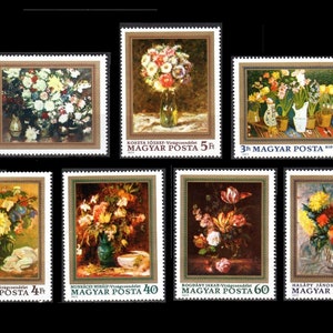 Könnte beinhalten: Ein Satz von sechs ungarischen Briefmarken aus der Zeit des Vintage mit farbenfrohen Blumenstillleben. Die Briefmarken stammen aus dem Jahr 1977 und tragen den Text "MAGYAR POSTA" in Rot.