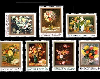 Flowers in Famous Paintings / Large 1977 Postage Stamps / Vintage Hungarian / Gold Frames / Art and Craft Projects, Collections, Gift, ACEO