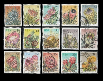 Large Set of Succulent Flowers on 1977 Postage Stamps / South Africa Native Plants / Decoupage, Junk Journal, Altered Art, Scrapbook, ATC