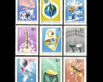 International Years of the Quiet Sun / 1965 Hungary Postage Stamps with Retro Graphics / Outer Space Altered Book, School Project Material
