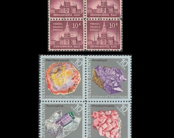 Znaczki pocztowe USA Vintage 10 centów / Mineral Heritage MNH z 1974 r. i Independence Hall z 1956 r. anulowane / Kolekcja znaczków, materiały do ​​kolażu artystycznego