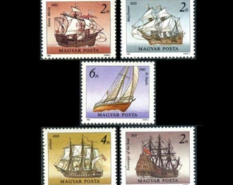 Barcos de vela famosos en sellos húngaros de 1988 / Velero, Gran Barco, Santa María, El Mayflower, Soberano de los Mares / Álbum de recortes del árbol genealógico