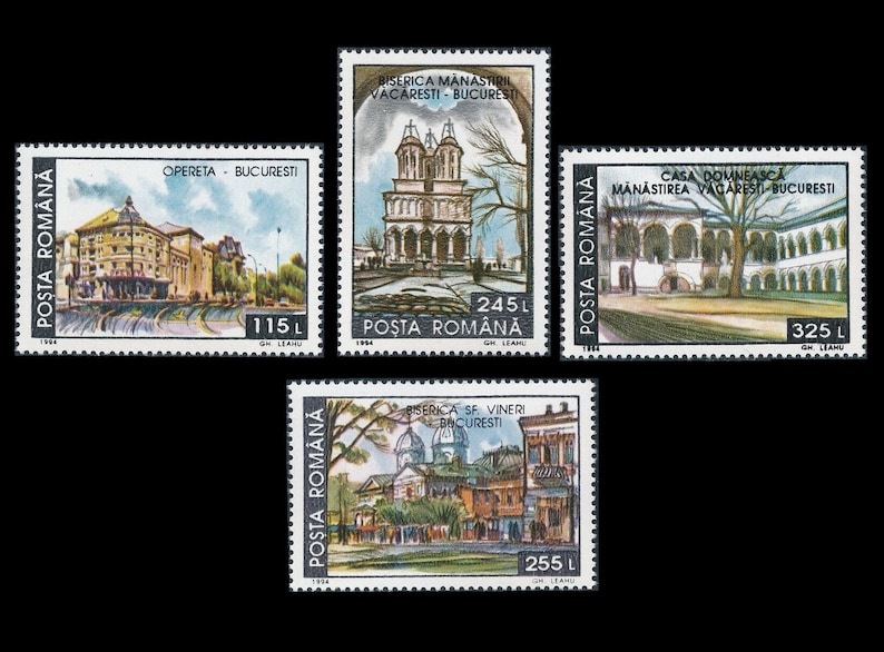 1994 Romania Postage Stamps / Historical Buildings Now Demolished / Cathedral, Opera House, Monastery, Church / Collage Fodder, Shadow Box image 2