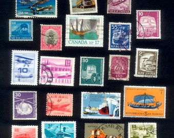 21 Transportation Theme Postage Stamps / Ship, Train, Horse and Carriage, Truck, Airplane, Helicopter / Decoupage, Collage, Mixed Media, ATC