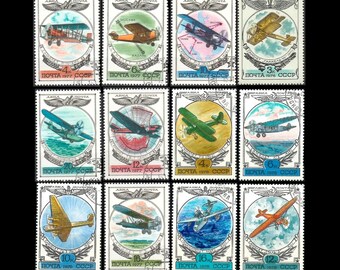 Historic Soviet Airplanes on Vintage USSR Postage Stamps / 1976, 1977, 1978 / Russian Aviation History / Transportation Theme Collage, ATC