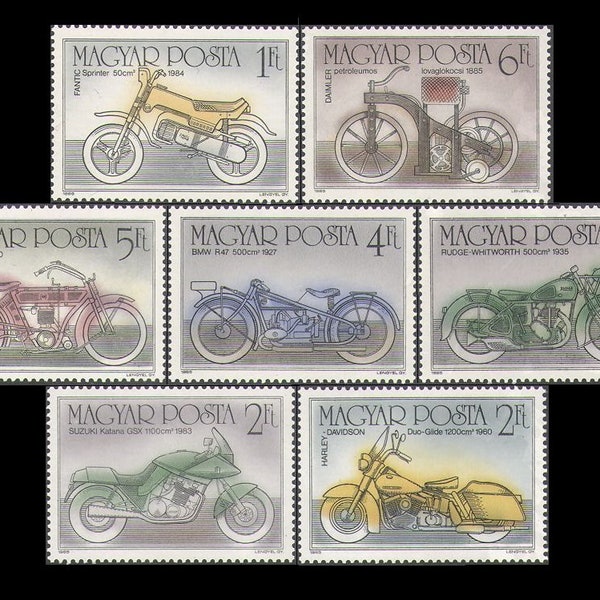 Motorcycle Centenary 1985 Postage Stamps /  Historical Bikes / Collage, Art Projects, Decoupage, to Frame, Greeting Cards, ATCs, Mixed Media