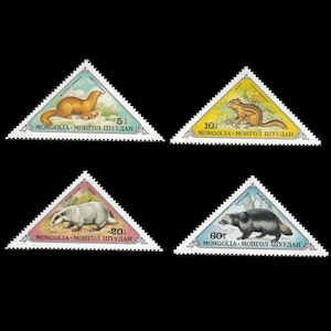May include: Four triangular postage stamps from Mongolia, each featuring a different animal: a weasel, a chipmunk, a badger, and a wolverine. The stamps have a white border and include text in English and Mongolian.