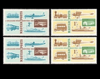 Timbres-poste hongrois 1966 commémorant la réouverture du musée des transports / Histoire des transports / Trains, avions et voitures d'époque