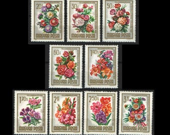 Flower Bouquets on Vintage 1965 Hungary Postage Stamps / Roses, Chrysanthemums, Peonies, Lilies, Gladiolas / Gardening Journal, Collage Art