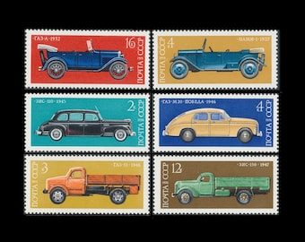Antique Cars and Trucks on 1973 and 1976 Russian Postage Stamps / Vintage Soviet Ephemera / Transportation Theme Altered Book Embellishment