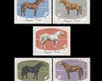 Horses on 1985 Postage Stamps / Vintage Hungary / Equestrian Artist Trading Cards, Farm Theme Collage, Altered Book Embellishment, Ponies