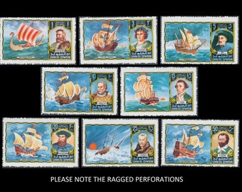 Historical Explorers on Very Large 1972 Umm Al Qiwain Postage Stamps / Magellan, Columbus, Erik the Red, James Cook, Sir Francis Drake /