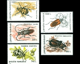 Série d'insectes coléoptères sur les timbres-poste roumains de 1996 / Longhorn, Abeille eurasienne, Rhinocéros européen, Capricorne, Britannique / Junk Journal Supply