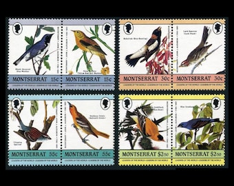 Beautiful Audubon Birds on 1985 Montserrat Postage Stamps / Lark Sparrow, Northern Oriole, Palm Warbler, Bobolink, Goldfinch, Blue Grosbeak