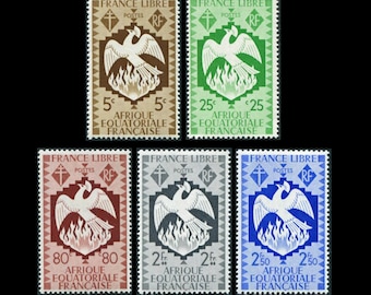 Vintage French Equatorial Africa Postage Stamps 1941 - 1946 / Phoenix Rising / Altered Book Embellishment, Historical Junk Journal Supply