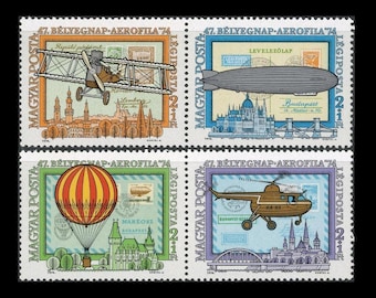 Air Mail Stamp Day on 1974 Hungarian Postage / Biplane, Zeppelin Airship, Hot Air Balloon,Helicopter / Collage Material, Cardmaking Supply