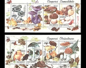 Beautiful 1994 Mushroom Postage Stamp Sheets / Edible and Poisonous / Romania / Craft Paper, Mixed Media Embellishment, Tag Art, ACEO, ATC