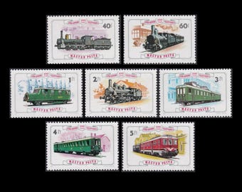 Vintage 1976 Train Postage Stamps / 100 Year Anniversary of Hungarian Gyor - Sopron Railroad / Locomotives, Trams, Railway / Arts and Crafts