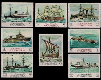 Sailing Ships on 1968 Fujeira Postage Stamps / History of Seafaring Vessels / Vikings, Brittania, Paddle Steamer, Tall Ship, Ocean Liner