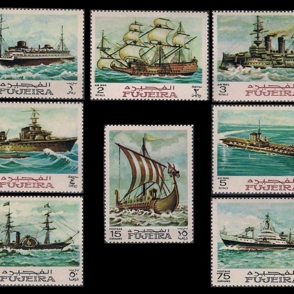 Veleros en sellos postales de Fujeira de 1968 / Historia de los buques marítimos / Vikingos, Brittania, Barco de vapor, Tall Ship, Transatlántico