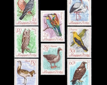 Vintage Bird Postage Stamps, Large 1968 Hungary / Eagle, Falcon, Bustard, Goose, Stork, Oriole, Owl, Bee-eater/ Art and Craft Material