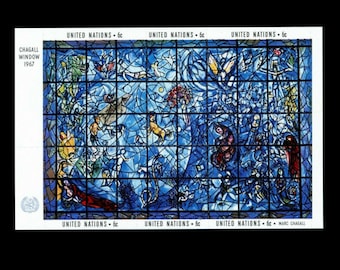 Marc Chagall UN Peace Window 1967 Postage Stamp Sheet / Gorgeous Blue Colour / Gift Embellishment, Handmade Tag Material, Collage Art Supply