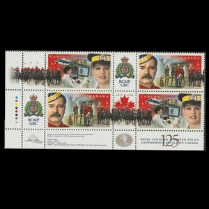 May include: A sheet of Canadian postage stamps commemorating the 125th anniversary of the Royal Canadian Mounted Police. The stamps feature portraits, scenes of officers, and the RCMP crest. The stamps are in various colors.