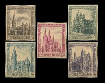 Large 1967 San Marino Postage Stamps Medieval Cathedrals / Famous European Architecture / Exquisite Illustrations for Arts and Crafts