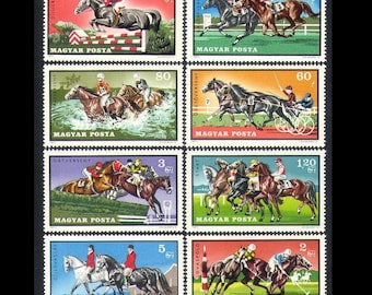 Horse Racing Postage Stamps 1971 / Steeplechase, Polo, Equestrian Sports, Horseback Riding, Jumping, Harness Race / Collage, Altered Art ATC