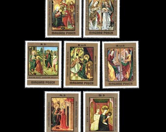 Berühmte mittelalterliche Gemälde auf goldverzierten Briefmarken von 1973 / Ungarische religiöse Ikonen / Die Verkündigung, die Geburt Christi, Engel auf Harfen