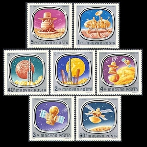 May include: A set of nine stamps featuring illustrations of space exploration. The stamps are from Hungary and feature the text "MAGYAR POSTA" in Hungarian. The stamps depict various spacecraft, planets, and rockets.