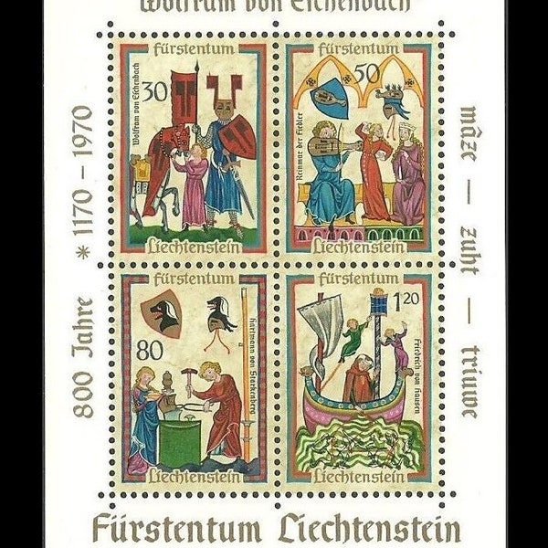 Vintage Liechtenstein Postage Stamp Sheet / 800th Anniversary of Wolfram von Eschenbach - 1970 / Medieval Singers, Famous German Paintings