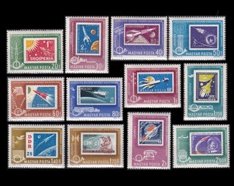 Vintage Ungarische Weltraum Briefmarken / Post Konferenz der Kommunistischen Länder / Künstler Sammelkarten Verzierung, Collage Kunst Material