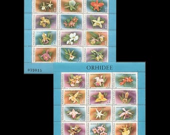 Kwiaty orchidei na rumuńskich znaczkach pocztowych z 1988 r. / Papierowe pamiątki vintage do ozdabiania dzienników, dekorowania przerobionych książek, scrapbookingu