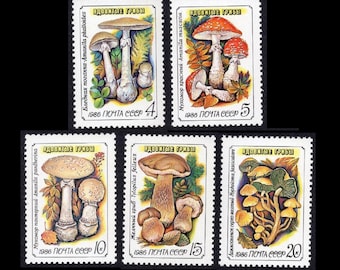 Poisonous Mushrooms on 1986 Russian Postage Stamps / Vintage Soviet Paper Ephemera / Gnome and Fairy Toadstool / Craft Material, Collage Art