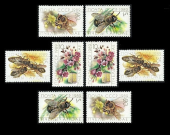 Bumble Bees, Honey Bees, Beehive on 1989 Vintage Russian Postage Stamps / Beekeeping Diary, Apiary Junk Journal Embellishment, Collage Art