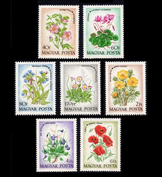 Vintage Flower Postage Stamps 1973 / Violet, Poppy, Daisy, Lungwort, Cyclamen, French Rose / Arts and Crafts, Altered Art, Gardening Journal