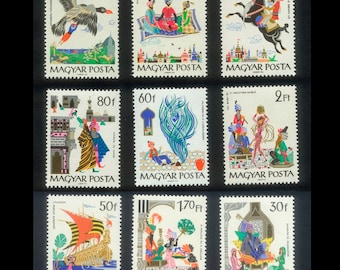 Fabulous Folk Tales 1965 Postage Stamps / Arabian Nights / Handmade Card Material, Collage Art Supply, Child Birthday Card Embellishment