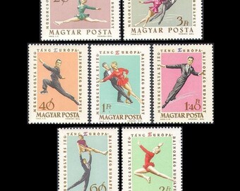 Figure Skating Postage Stamps /  Vintage Hungary Ice Dancing / 1963 European Championships / Pastel Colours / Collage, Altered Book Supply