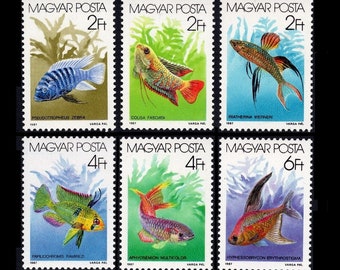 Kolorowe znaczki pocztowe z rybami akwariowymi z 1987 roku / Materiały do rękodzieła dla dzieci, zaproszenia na imprezę na plaży, kolaże, dzienniki podróży i śmieci, ręcznie robione kartki, ATC