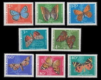 Butterflies and Moths on Vintage Postage Stamps / 1969 Hungary / Colourful Backgrounds / Junk Journal Embellishment, Nature Diary, ATC Art