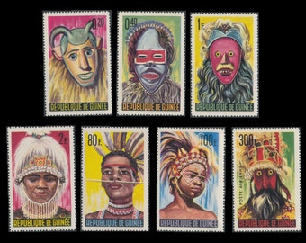 Traditional Masks and Costumes on 1965 Republic of Guinea Stamps / Vintage African Postage / Ceremonial Attire / Art and Craft Material, ATC