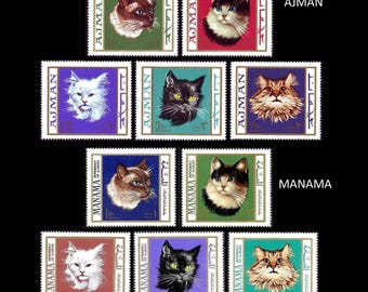 Domestic Cats on 1968 Manama and Ajman Vintage Postage Stamps / Colourful Backgrounds / ACEO Supply, Gift Card Embellishment, Cat Lover Gift