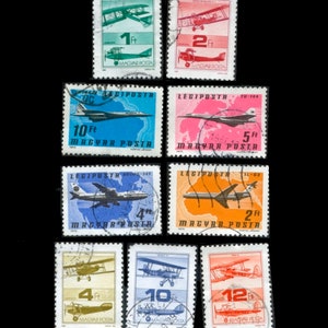 Selos postais de avião da Hungria / Avião, jato e biplano para colagem, decupagem, cartão de formatura, presente de boa viagem, artes e ofícios