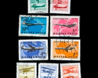 Aeroplane Postage Stamps from Hungary / Airplane, Jet and Biplane for Collage, Decoupage, Graduation Card, Bon Voyage Gift, Arts and Crafts