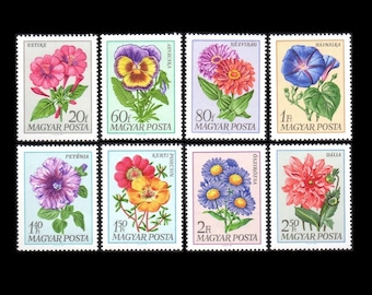 Garden Flowers on 1968 Postage Stamps / Vintage Hungary for Art and Craft Projects / Dahlia, Petunia, Zinnia, Pansy, Aster, Morning Glory