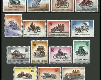 Huge Set of Antique Automobiles on 1962 Postage Stamps / Vintage San Marino / Duryea, Packard, Daimler, Benz, Renault, Oldsmobile, Peugeot